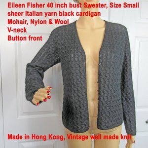 Sz S Eileen Fisher Italian Mohair, Nylon & Wool knit cardigan, Made in Hong Kong